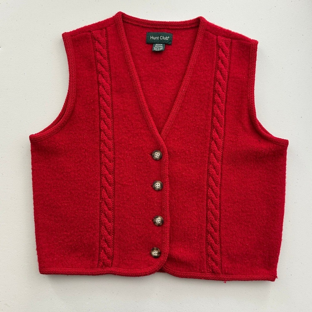 Hunt Club Red 100% Wool Cable Knit Button Front Sweater Vest Womens Medium